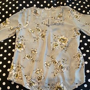 Maurices Light Gray Floral Keyhole Blouse with Yellow Accents